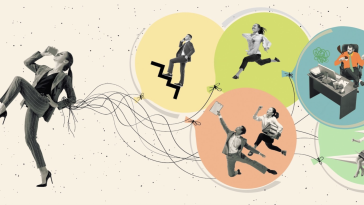 Contemporary art collage with a person leading and employees jumping, flying and working in front of circle images to show the idea of a successful and supported team. 